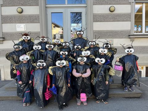 Kinder der Klassen 2a und 2b als Fliegen verkleidet als Gruppe vor dem Schulgebäude